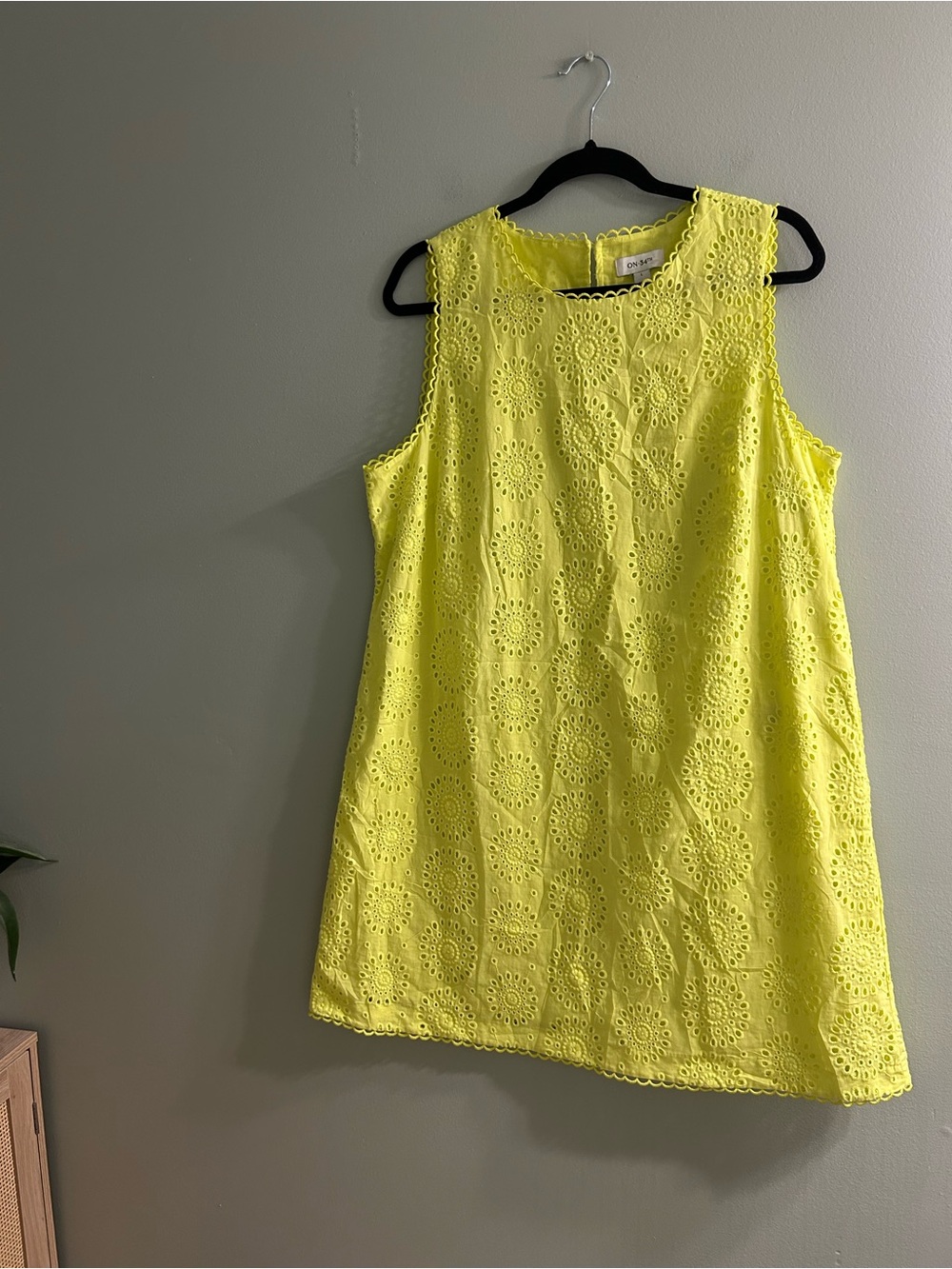 ON·34TH lemon lime green eyelet detail mini dress summer effortless cotton